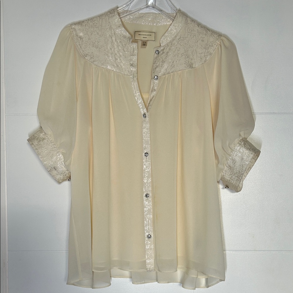 Anthropologie Cream Silky and Jacquard with Diamond Button Blouse